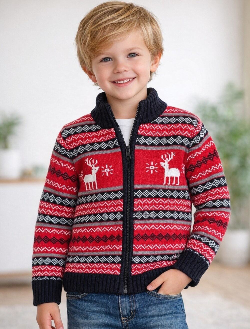 Toys “R” Us Boys Christmas Sweater 4T Red Fair Isle Reindeer Zip Up Cardigan